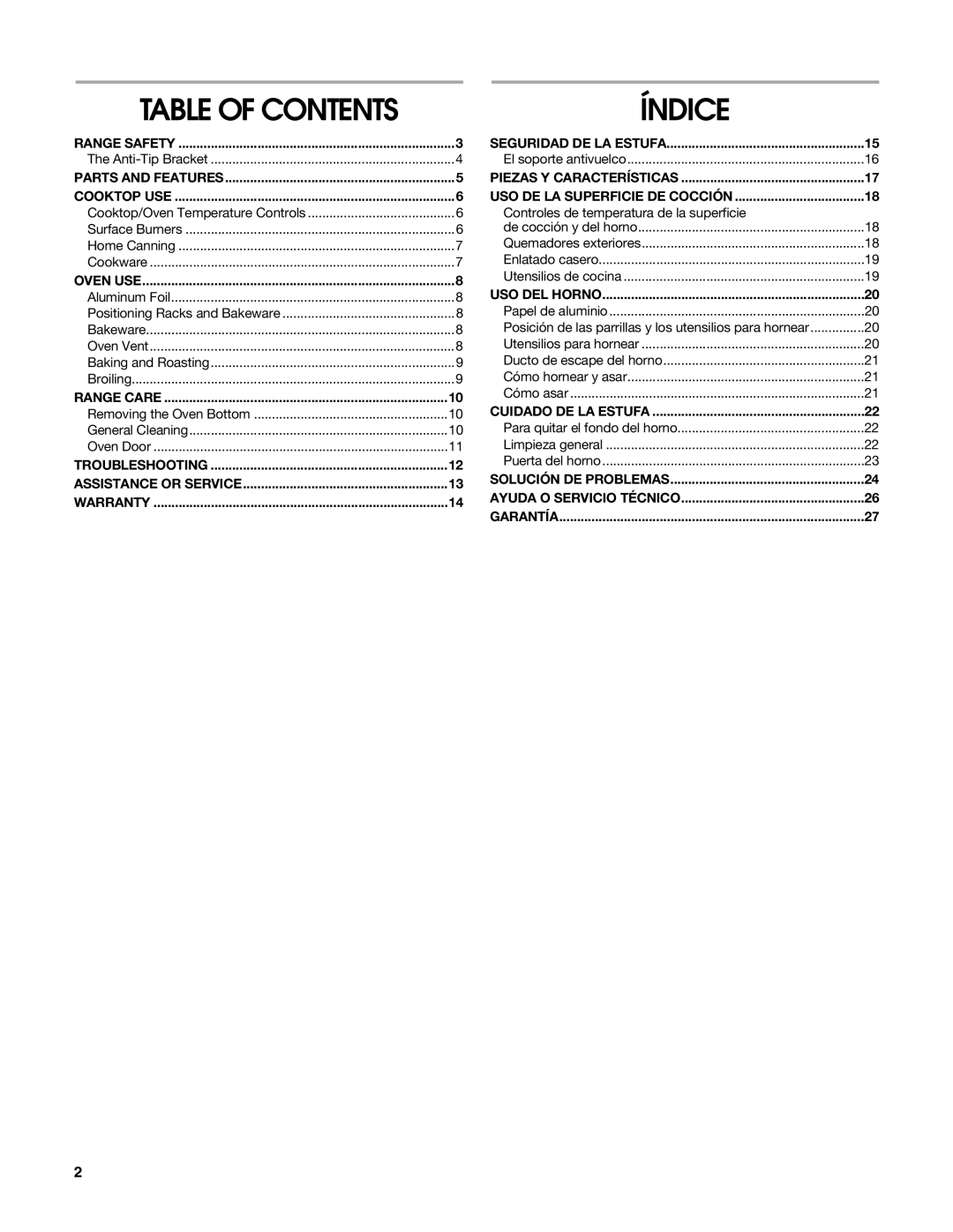 Estate W10162222A manual Table of Contents 