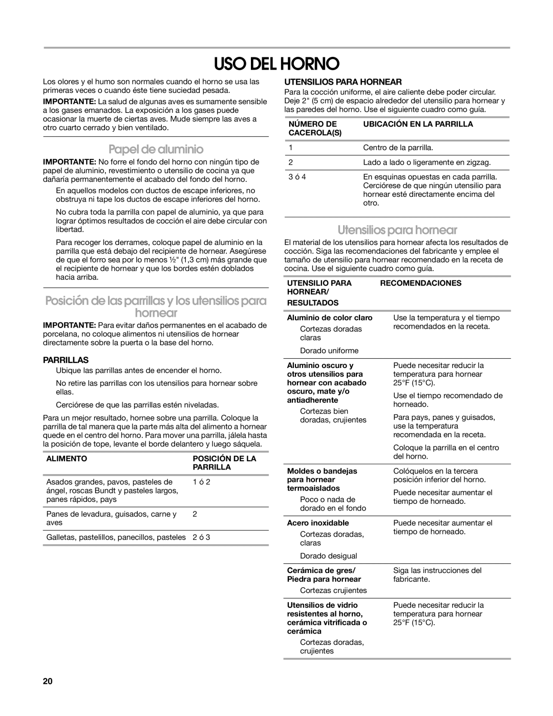 Estate W10162222A manual USO DEL Horno, Papel de aluminio, Hornear, Utensilios para hornear 