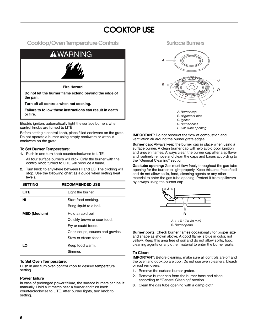 Estate W10162222A manual Cooktop USE, Cooktop/Oven Temperature Controls, Surface Burners 