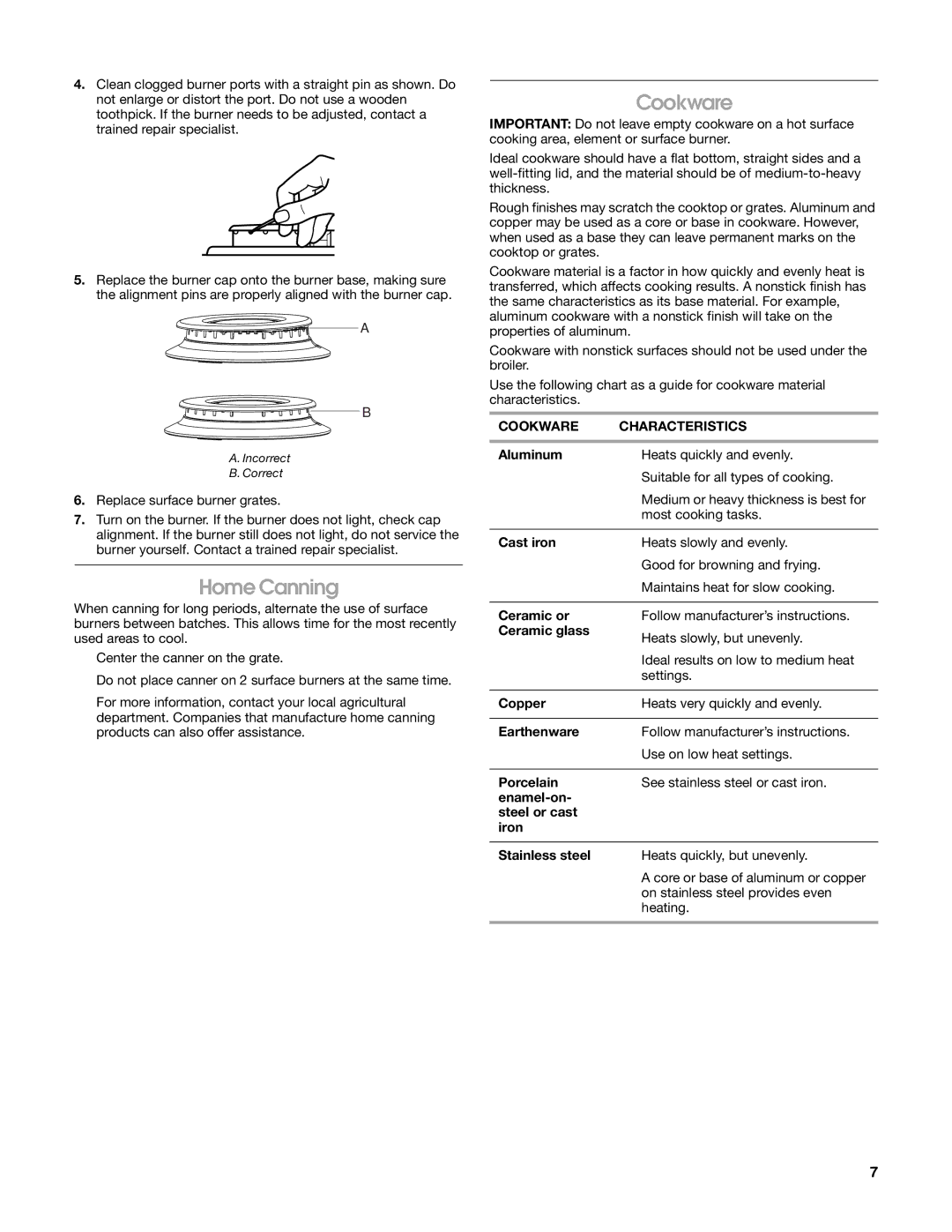 Estate W10162222A manual Home Canning, Cookware Characteristics 