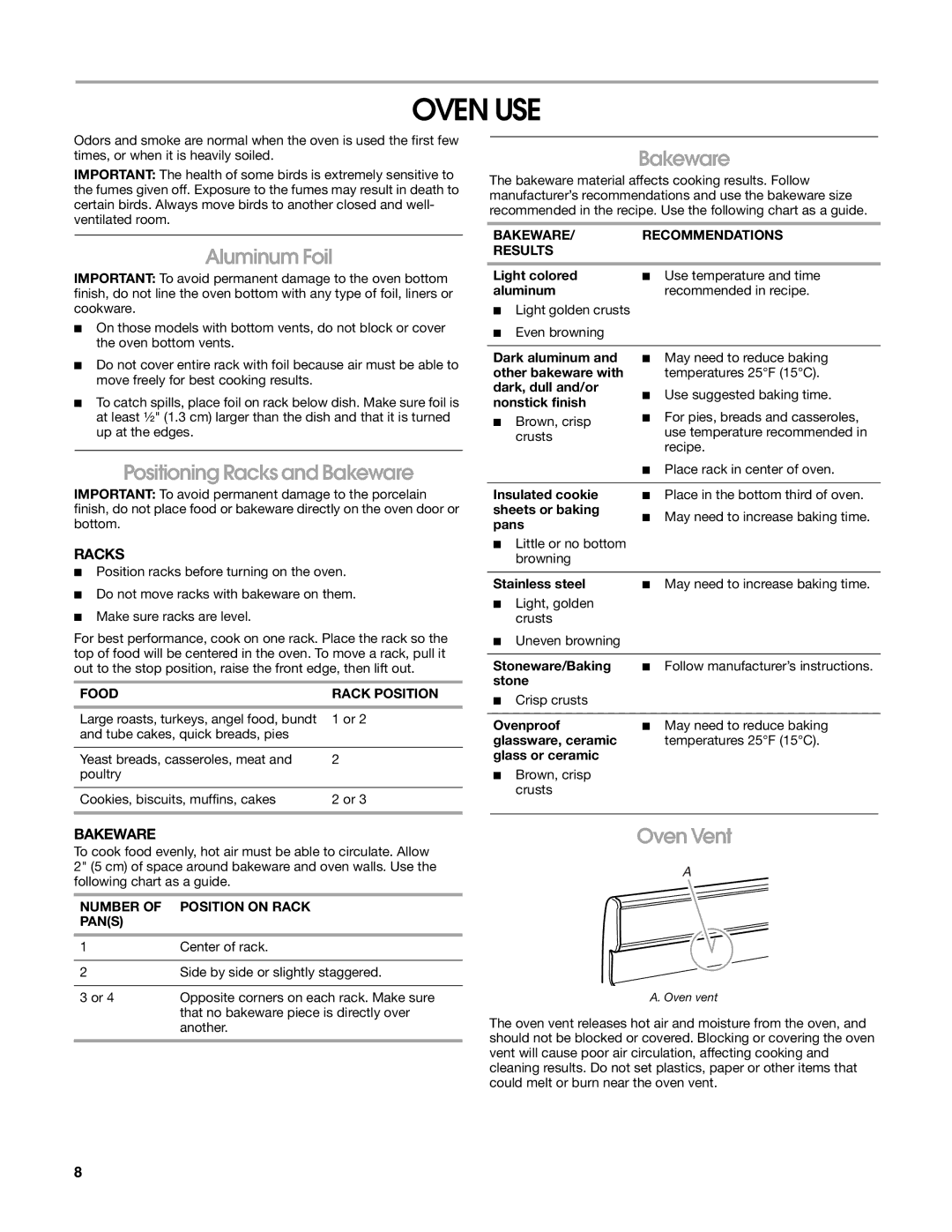Estate W10162222A manual Oven USE, Aluminum Foil, Positioning Racks and Bakeware, Oven Vent 
