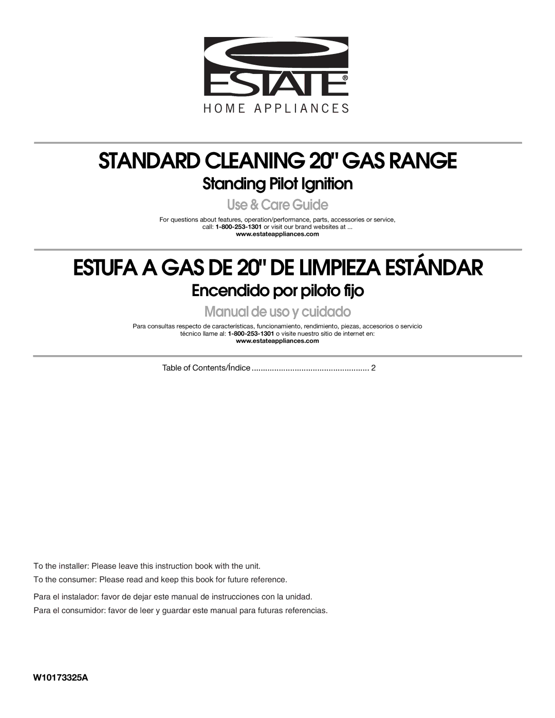 Estate W10173325A manual Standard Cleaning 20 GAS Range 