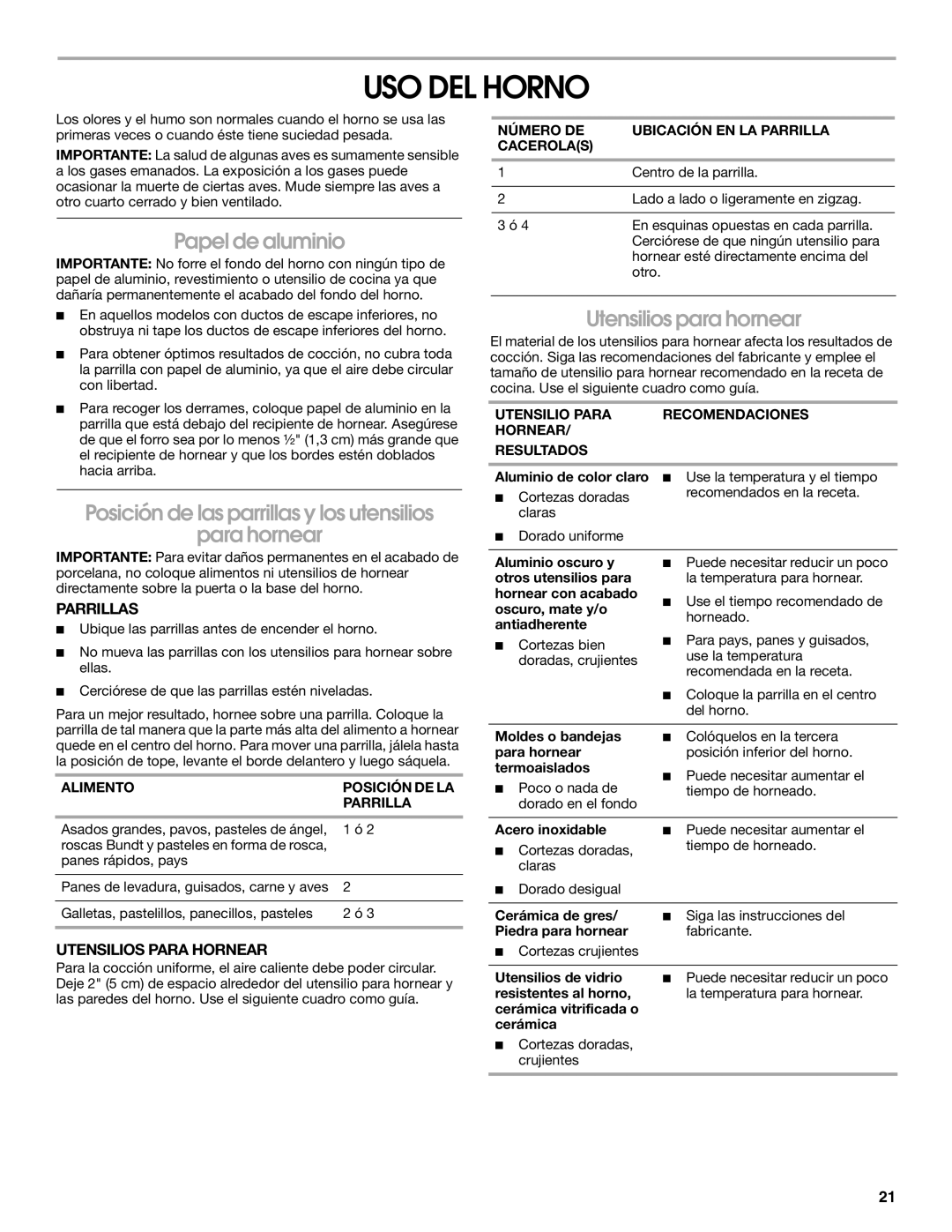 Estate W10173325A manual USO DEL Horno, Papel de aluminio, Posición de las parrillas y los utensilios Para hornear 