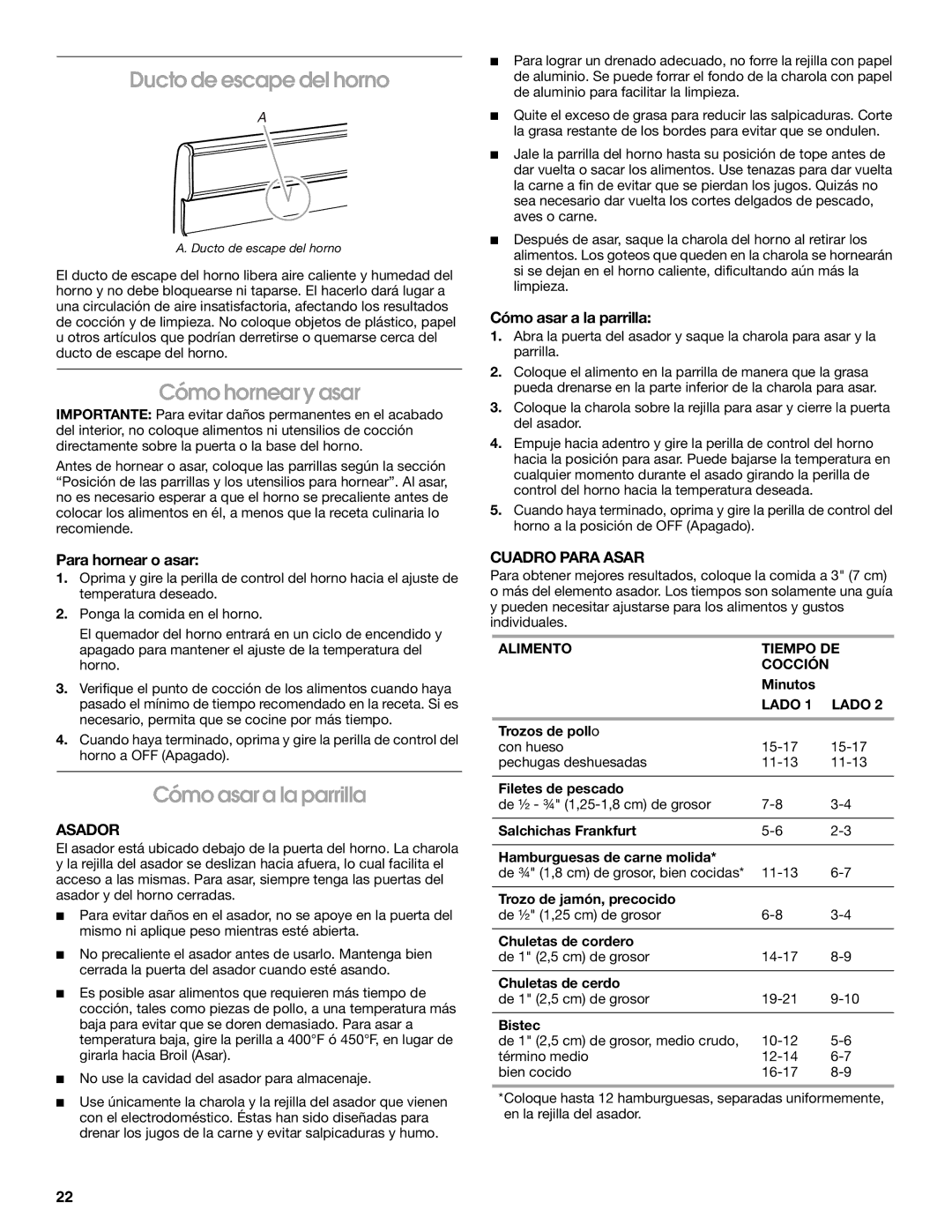 Estate W10173325A manual Ducto de escape del horno, Cómo hornear y asar, Cómo asar a la parrilla, Asador, Cuadro Para Asar 