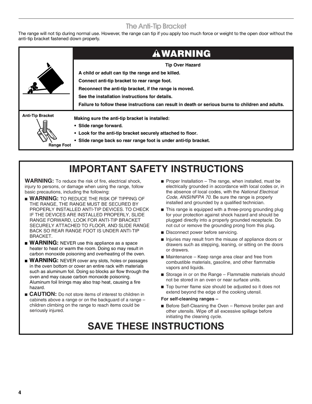 Estate W10173325A manual Important Safety Instructions, Anti-Tip Bracket 