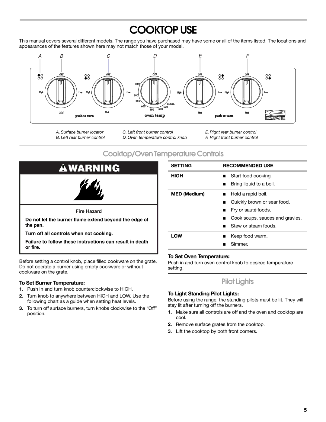 Estate W10173325A manual Cooktop USE, Cooktop/Oven Temperature Controls, Pilot Lights 