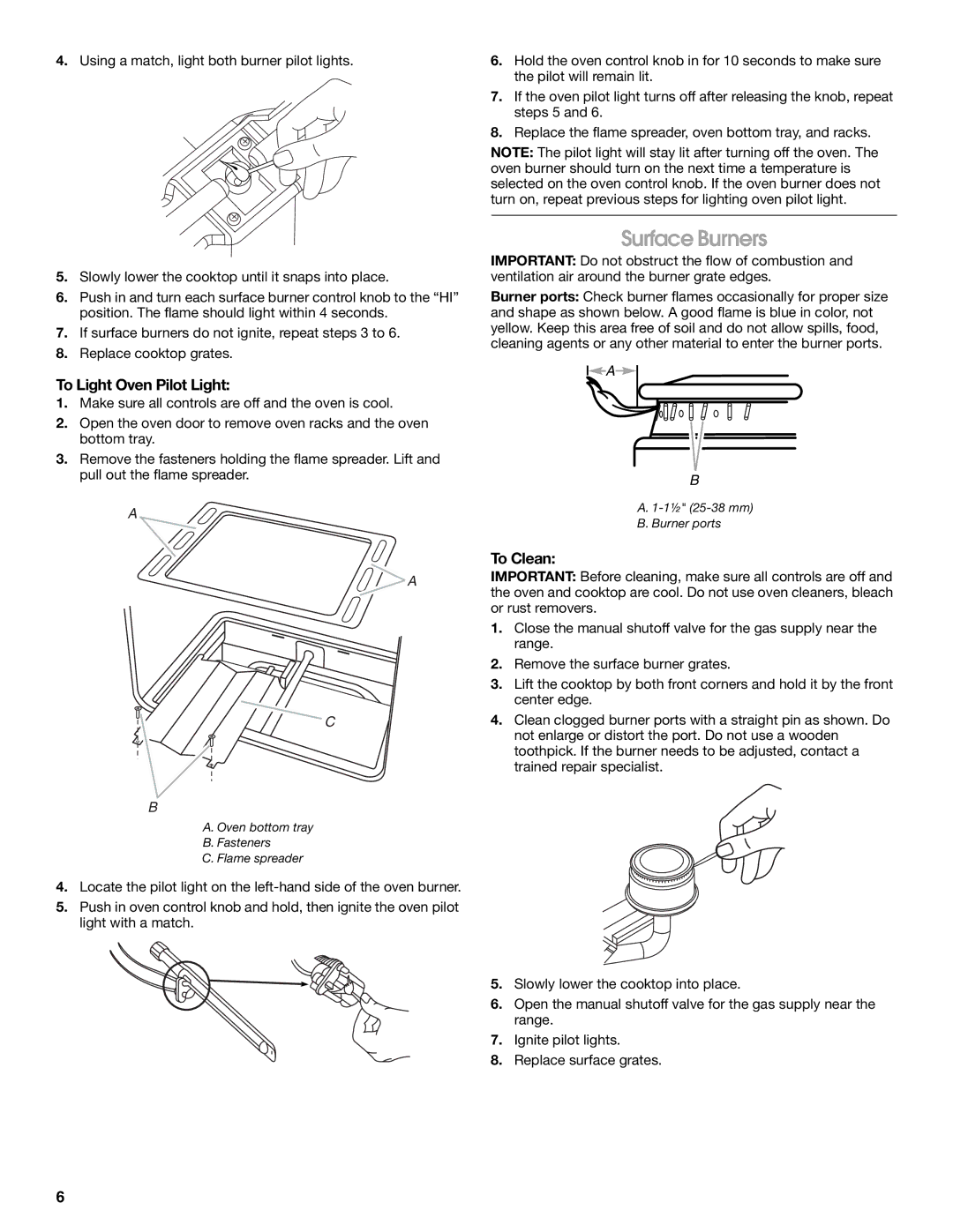 Estate W10173325A manual Surface Burners, To Light Oven Pilot Light, To Clean 