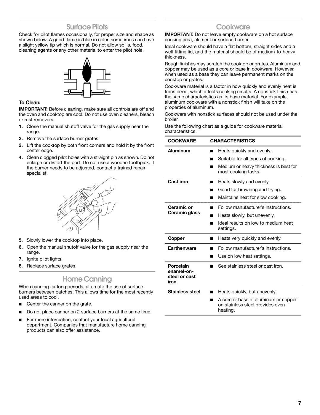 Estate W10173325A manual Surface Pilots, Home Canning, Cookware Characteristics 