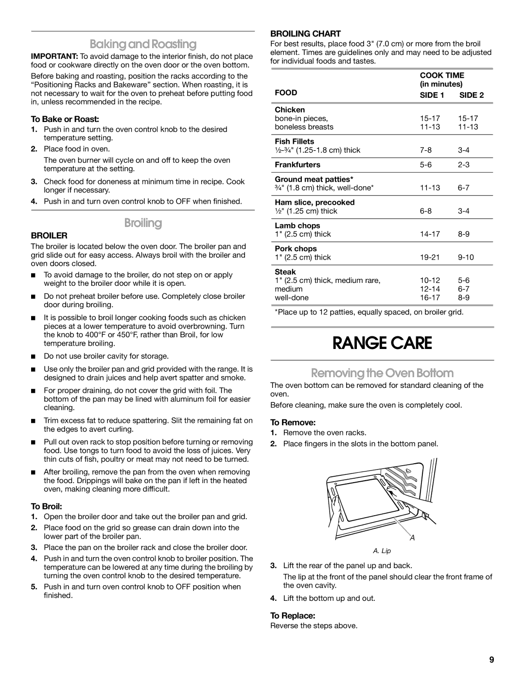 Estate W10173325A manual Range Care, Baking and Roasting, Broiling, Removing the Oven Bottom 