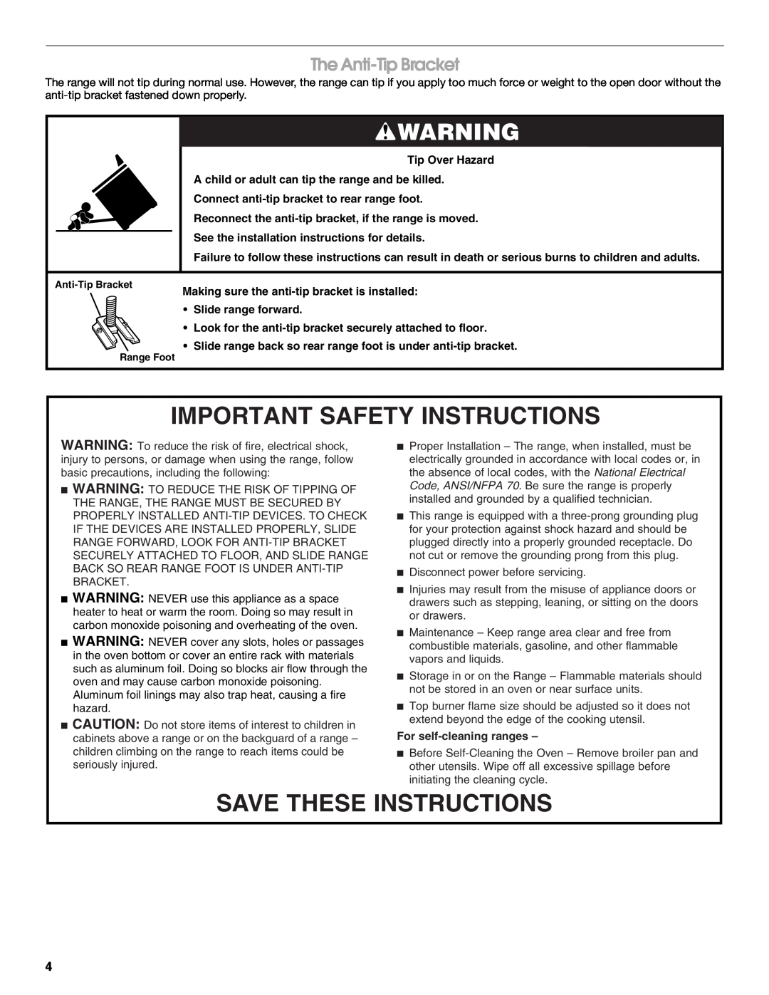 Estate W10173325A Important Safety Instructions, Save These Instructions, The Anti-Tip Bracket, For self-cleaning ranges 