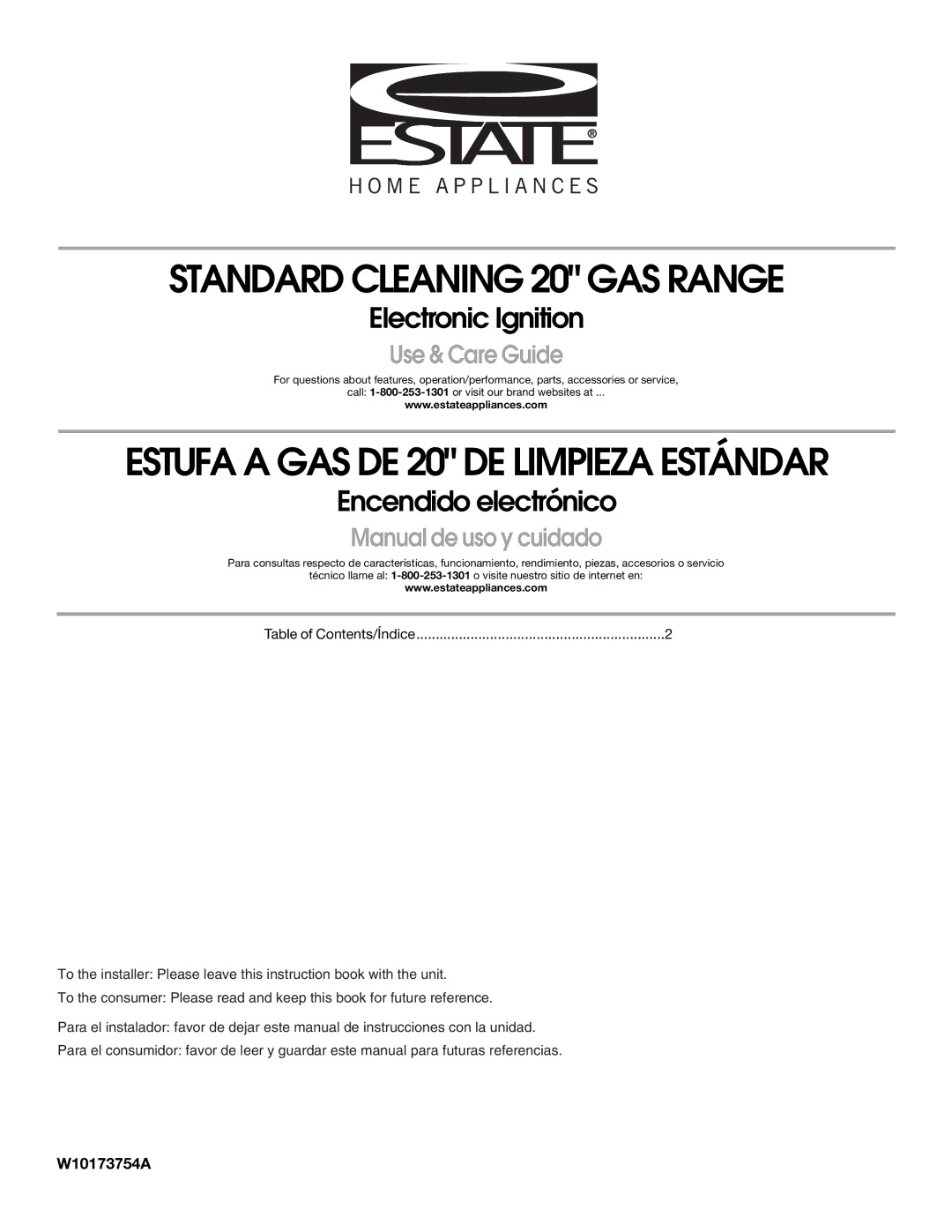 Estate W10173754A manual Standard Cleaning 20 GAS Range 