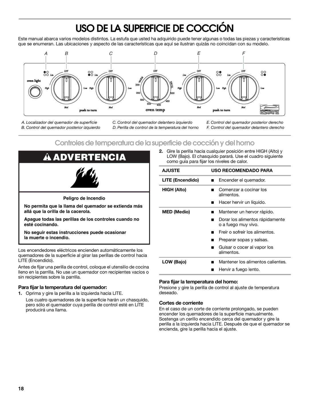 Estate W10173754A manual USO DE LA Superficie DE Cocción, Para fijar la temperatura del quemador, Cortes de corriente 