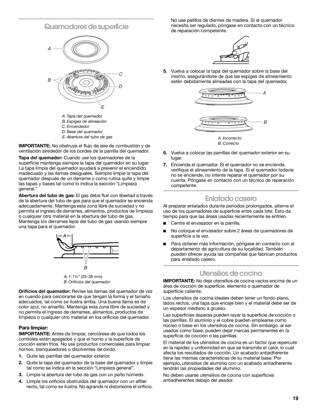 Estate W10173754A manual Quemadores de superficie, Enlatado casero, Utensilios de cocina, Para limpiar 