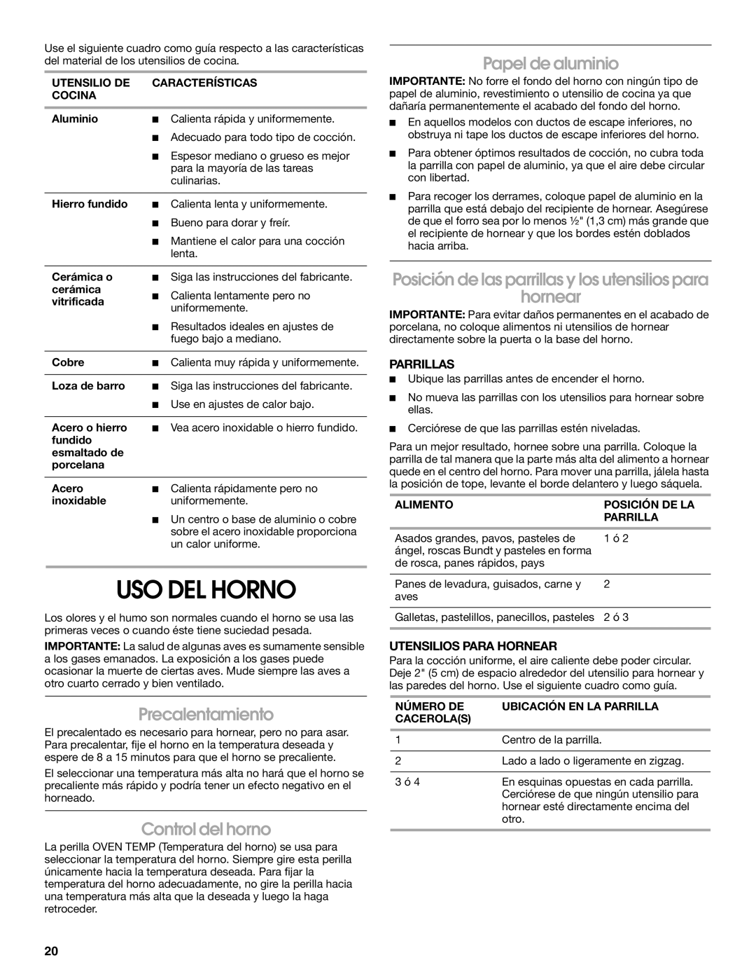 Estate W10173754A manual USO DEL Horno, Precalentamiento, Control del horno, Papel de aluminio 