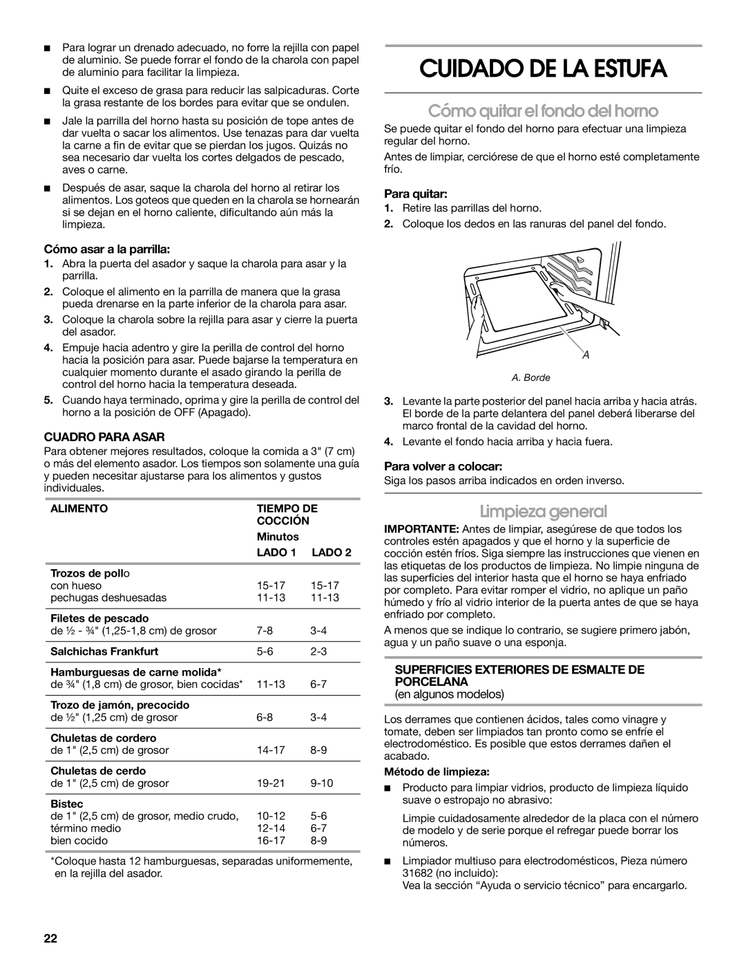 Estate W10173754A manual Cuidado DE LA Estufa, Cómo quitar el fondo del horno, Limpieza general, Cuadro Para Asar 