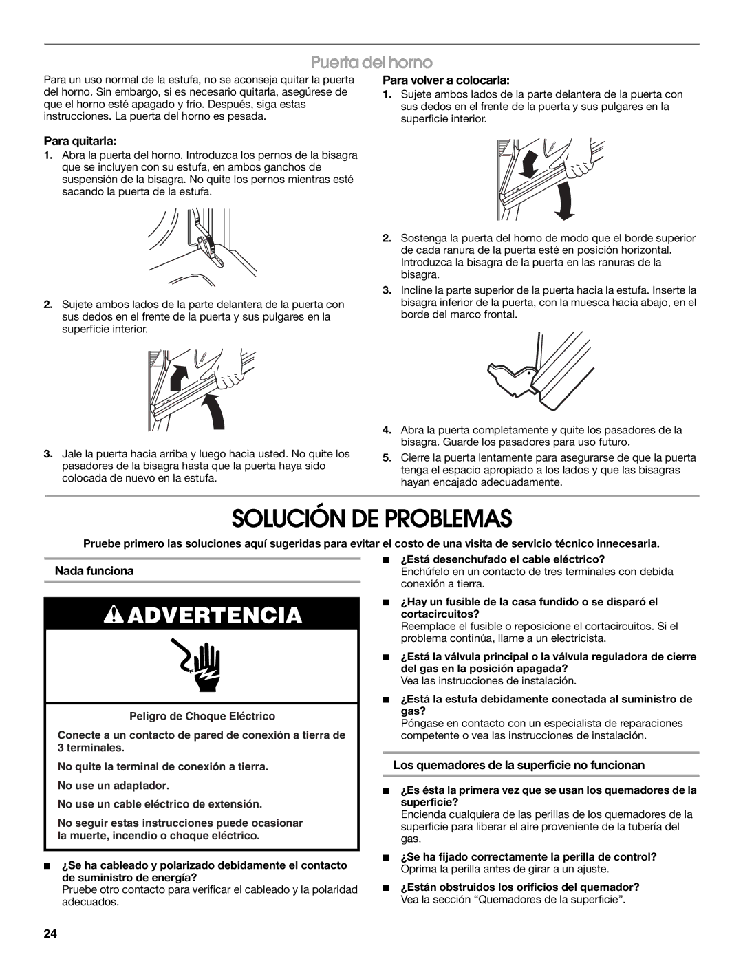 Estate W10173754A manual Solución DE Problemas, Puerta del horno 