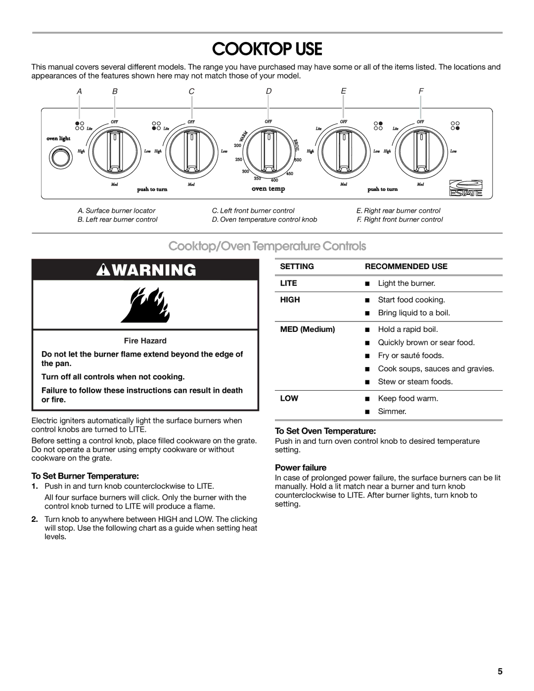 Estate W10173754A manual Cooktop USE, Cooktop/Oven Temperature Controls, To Set Oven Temperature, To Set Burner Temperature 