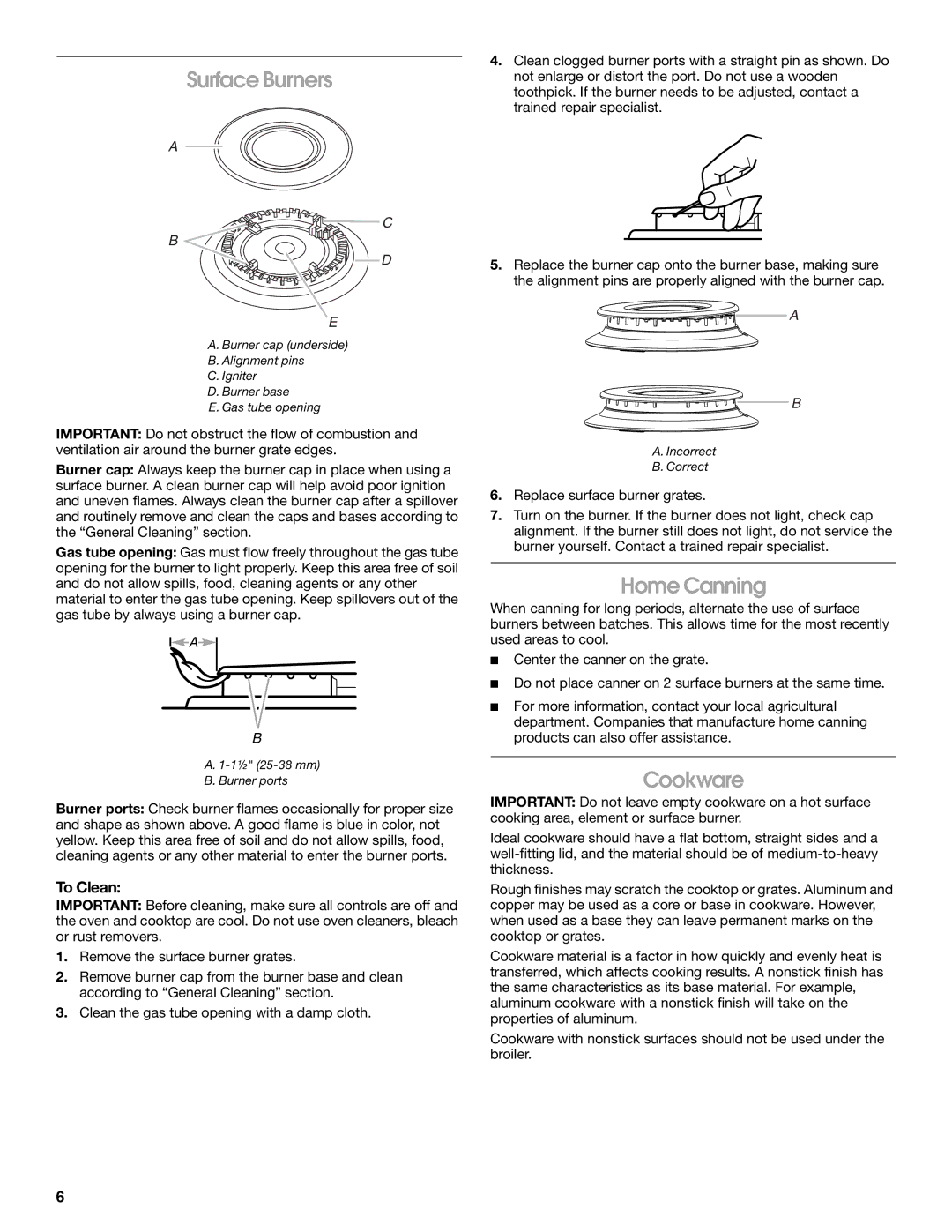 Estate W10173754A manual Surface Burners, Home Canning, Cookware, To Clean 