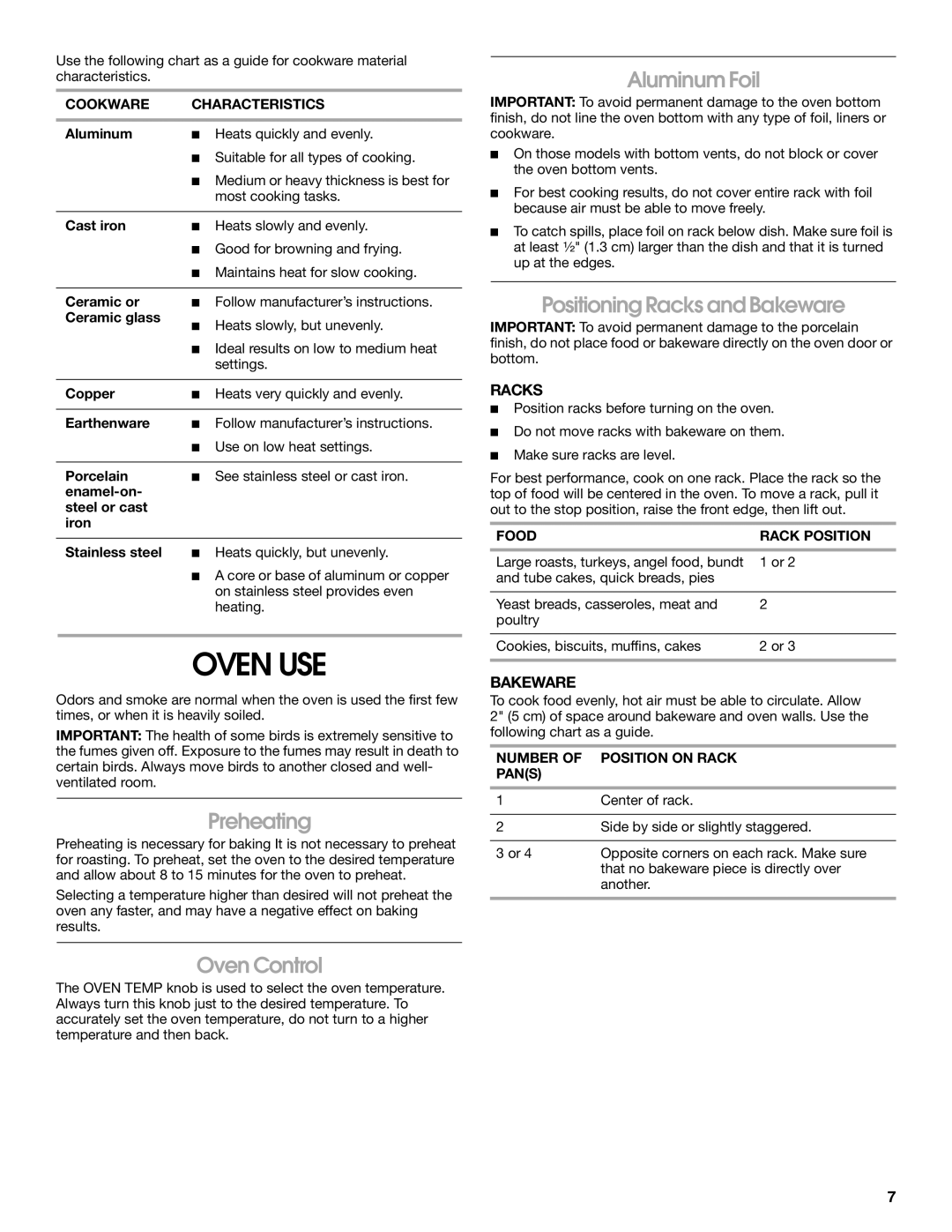 Estate W10173754A manual Oven USE, Preheating, Oven Control, Aluminum Foil, Positioning Racks and Bakeware 