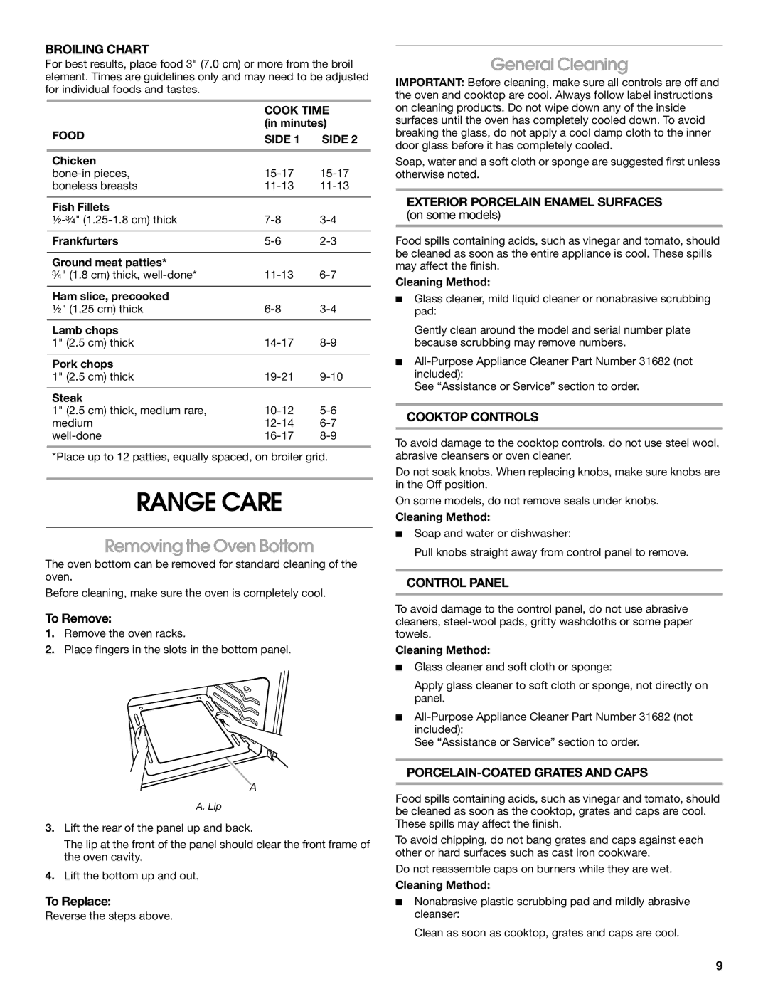 Estate W10173754A manual Range Care, Removing the Oven Bottom, General Cleaning 