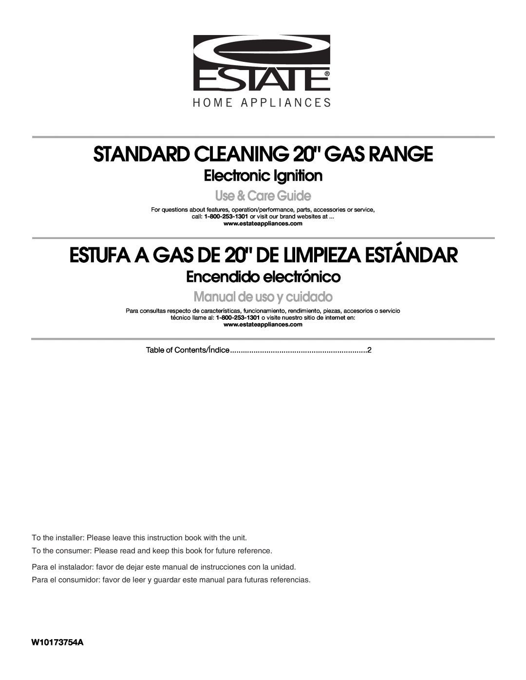 Estate W10173754A manual Electronic Ignition, Encendido electrónico, STANDARD CLEANING 20 GAS RANGE, Use & Care Guide 