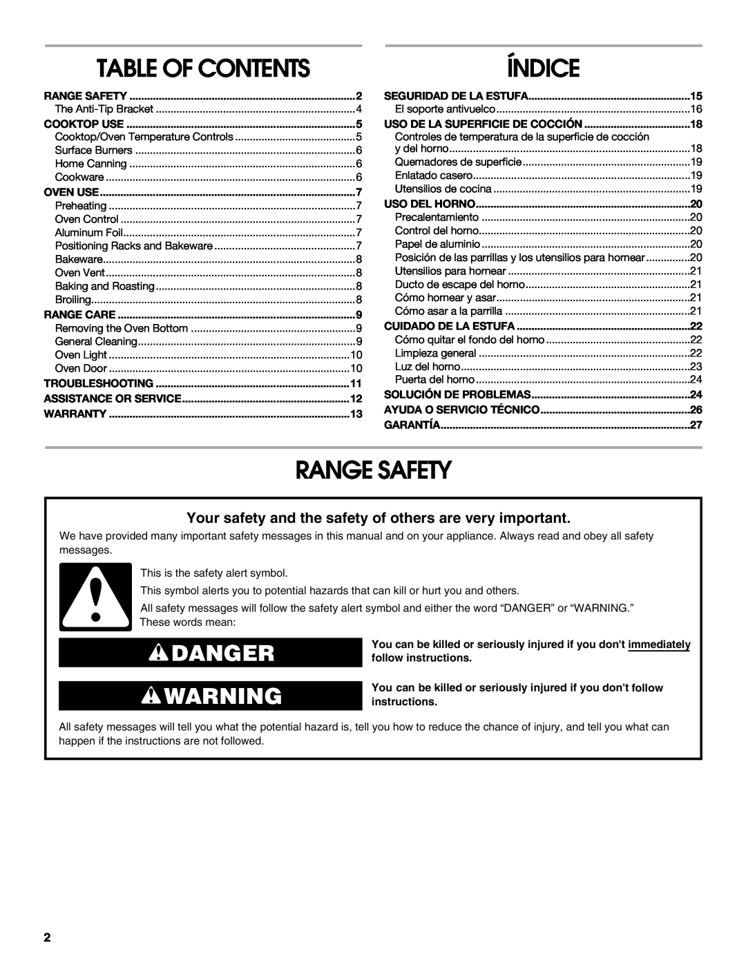 Estate W10173754A manual Table Of Contents, Range Safety, Índice, Danger 
