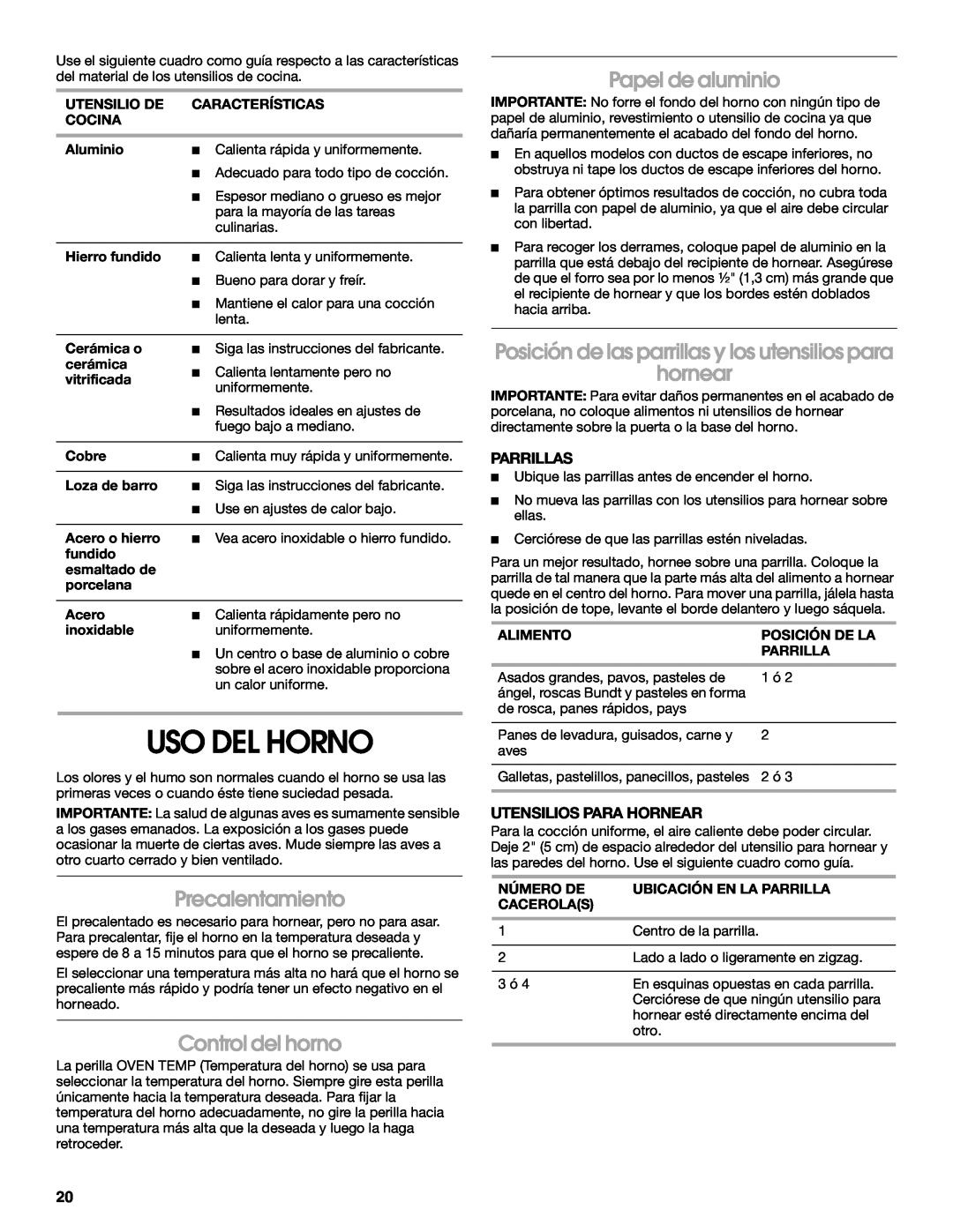 Estate W10173754A manual Uso Del Horno, Precalentamiento, Control del horno, Papel de aluminio, Parrillas 