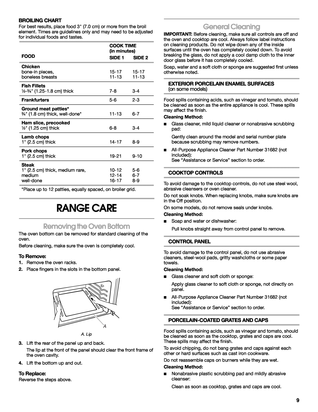 Estate W10173754A manual Range Care, Removing the Oven Bottom, General Cleaning, Broiling Chart, To Remove, To Replace 