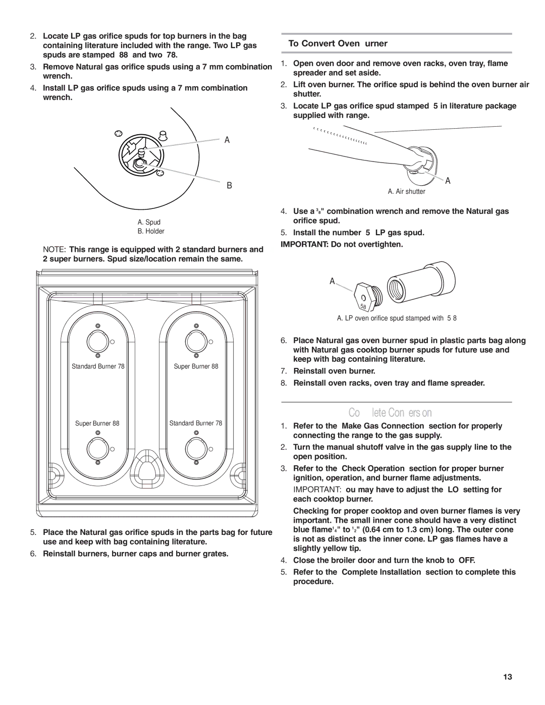 Estate W10173755D installation instructions Complete Conversion, To Convert Oven Burner 