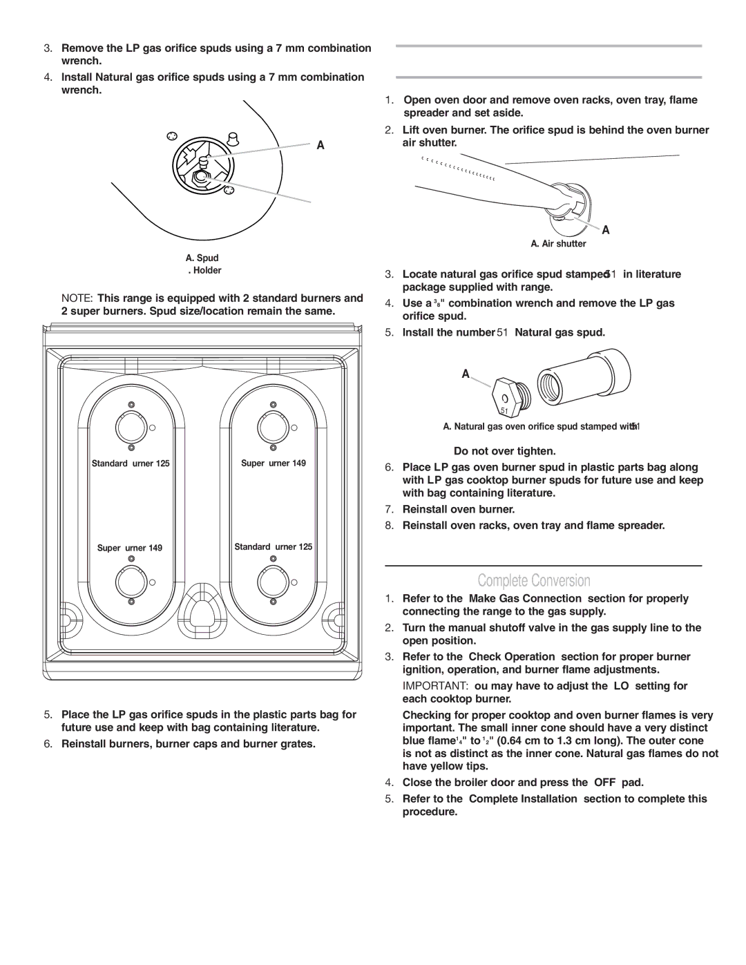 Estate W10173755D installation instructions Natural gas oven orifice spud stamped with 