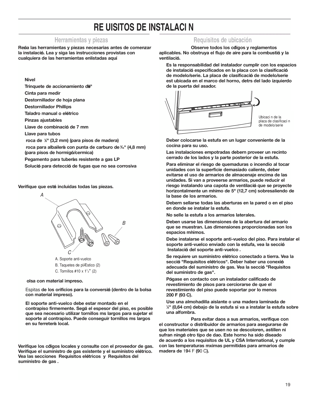 Estate W10173755D installation instructions Requisitos DE Instalación, Herramientas y piezas, Requisitos de ubicación 