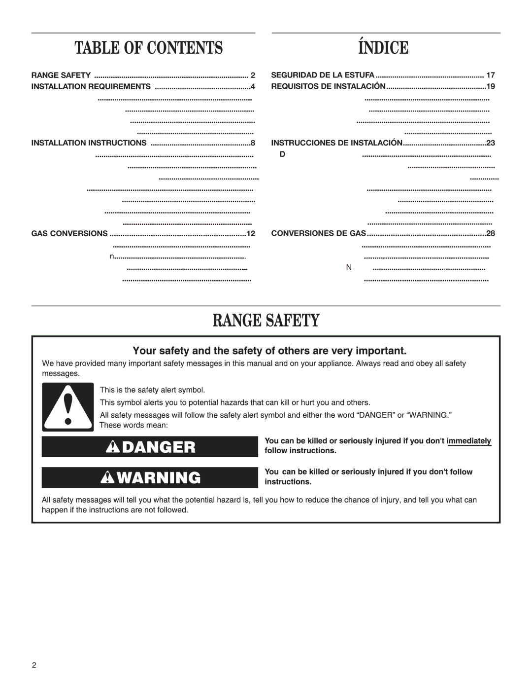 Estate W10173755D installation instructions Índice, Range Safety 