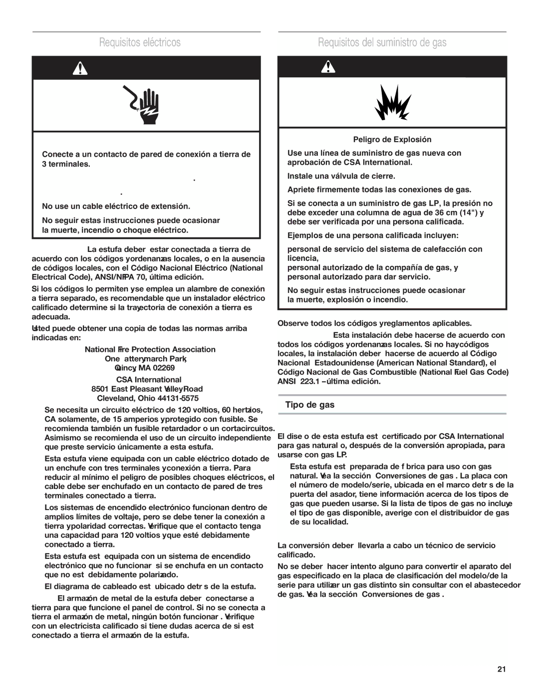 Estate W10173755D Requisitos eléctricos, Requisitos del suministro de gas, Tipo de gas, Gas natural, Conversión de gas LP 