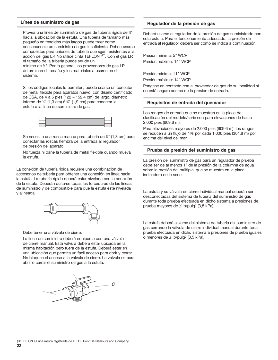 Estate W10173755D Línea de suministro de gas, Regulador de la presión de gas, Requisitos de entrada del quemador 