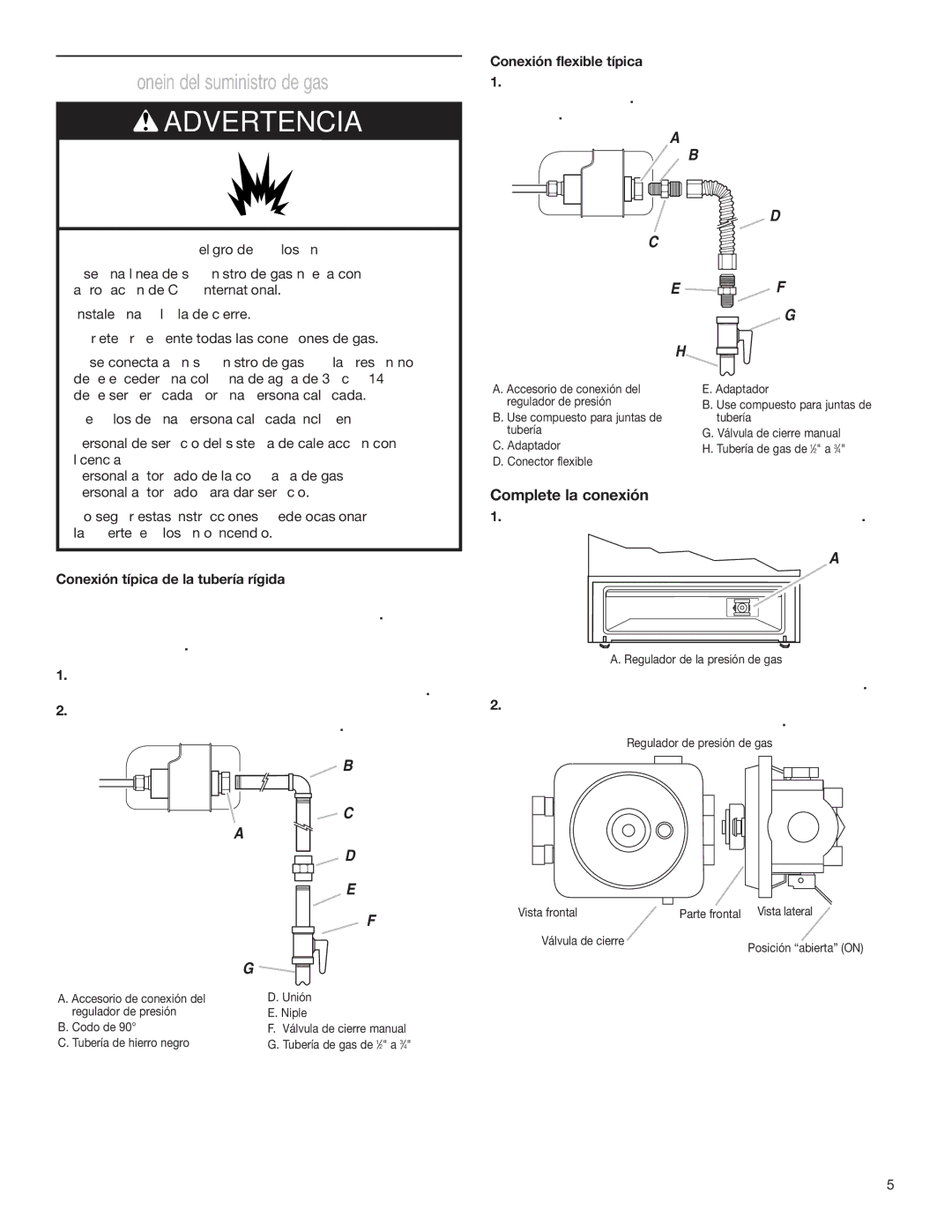 Estate W10173755D installation instructions Conexión del suministro de gas, Complete la conexión, Conexión flexible típica 