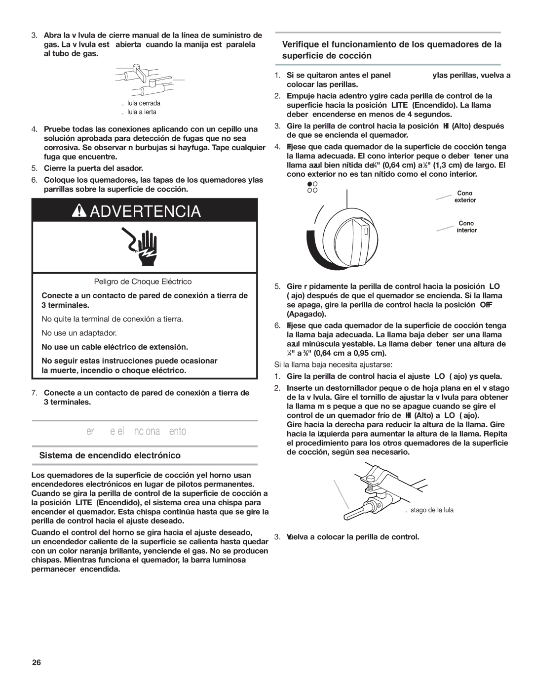 Estate W10173755D Verifique el funcionamiento, Sistema de encendido electrónico, Si la llama baja necesita ajustarse 