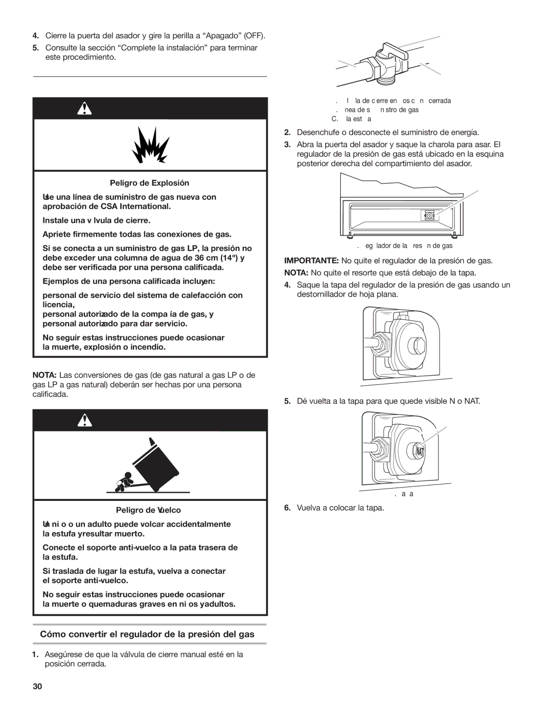 Estate W10173755D installation instructions Conversión de gas natural, Desenchufe o desconecte el suministro de energía 