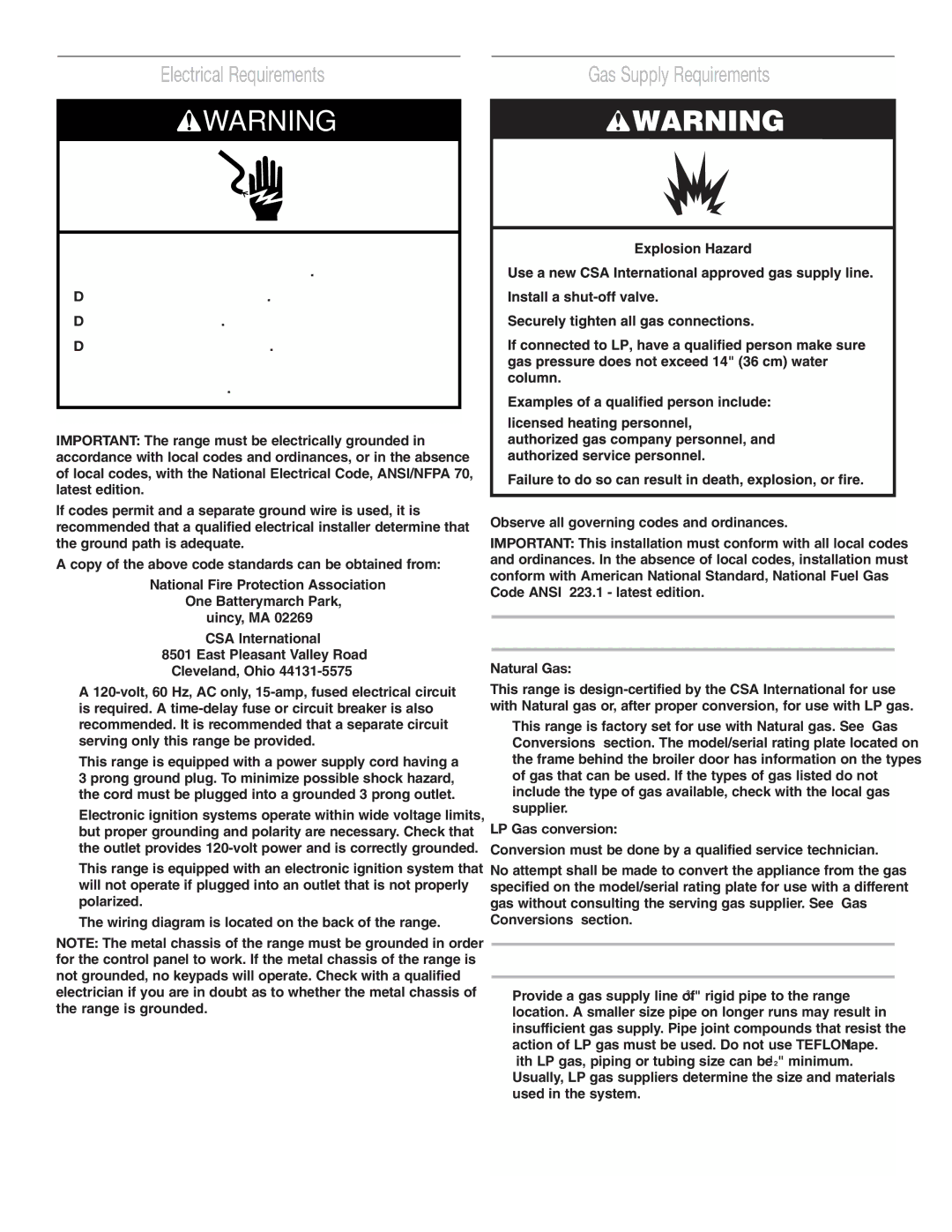 Estate W10173755D installation instructions Electrical Requirements, Gas Supply Requirements, Type of Gas, Gas Supply Line 