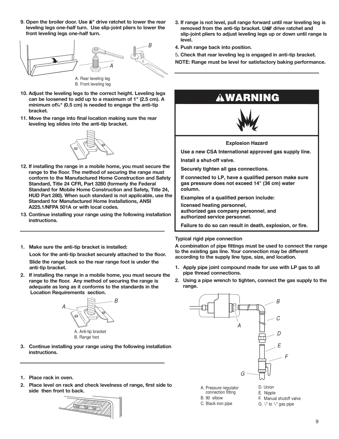 Estate W10173755D Verify Anti-Tip Bracket Location, Level Range, Make Gas Connection, Typical rigid pipe connection 