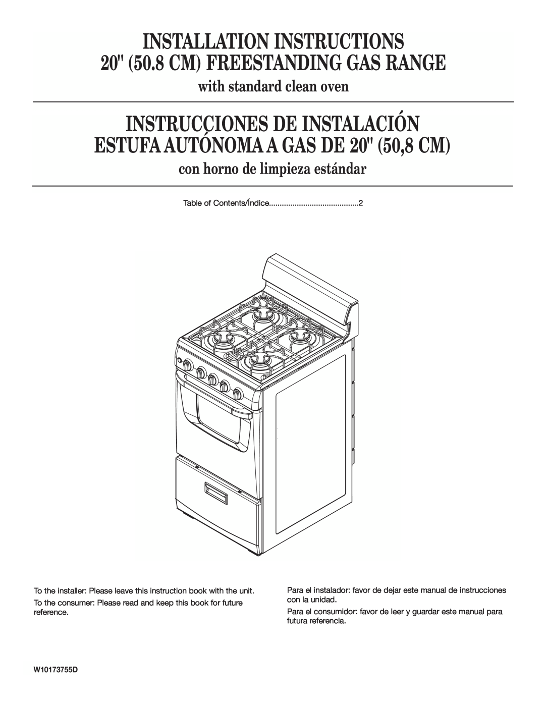 Estate W10173755D installation instructions with standard clean oven, con horno de limpieza estándar 