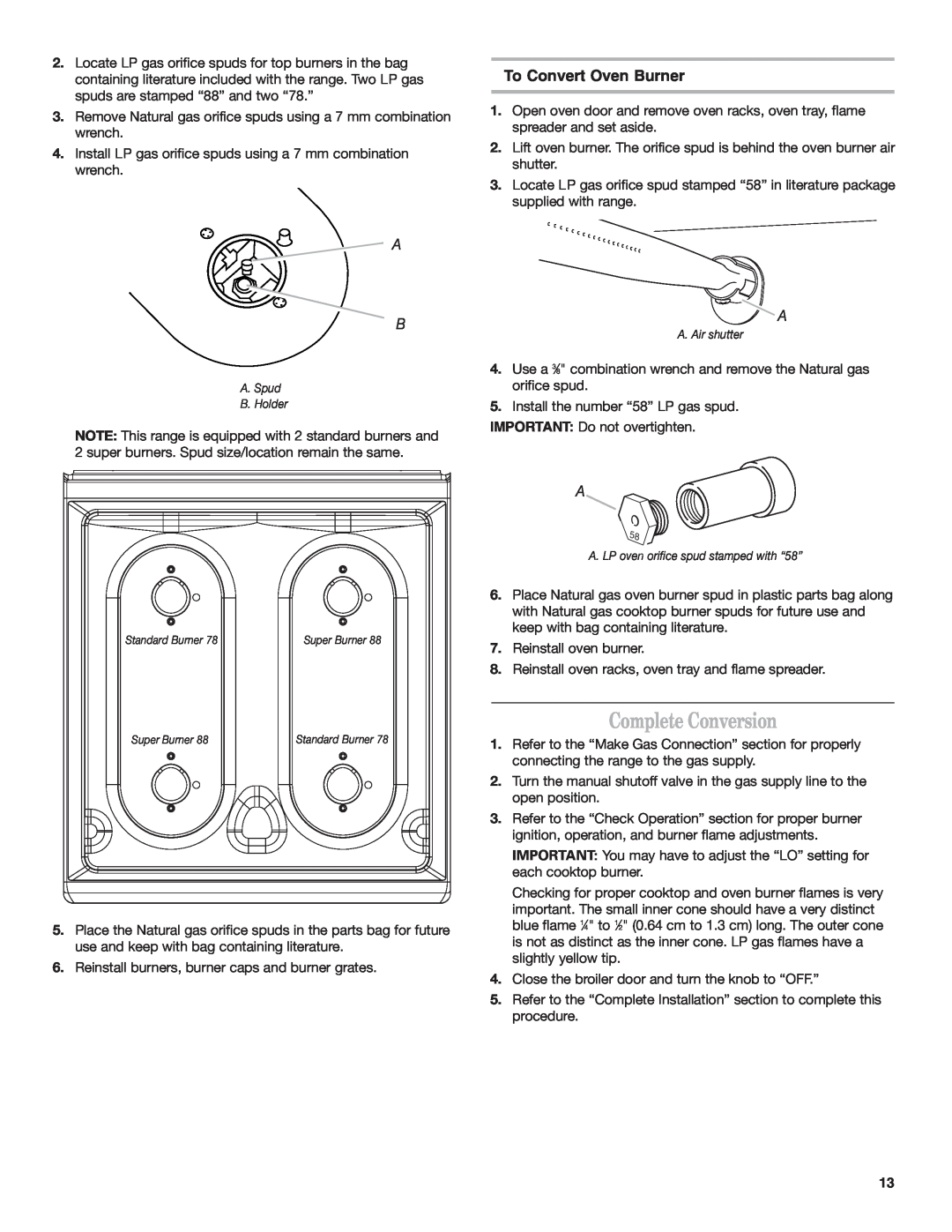 Estate W10173755D installation instructions Complete Conversion, To Convert Oven Burner 
