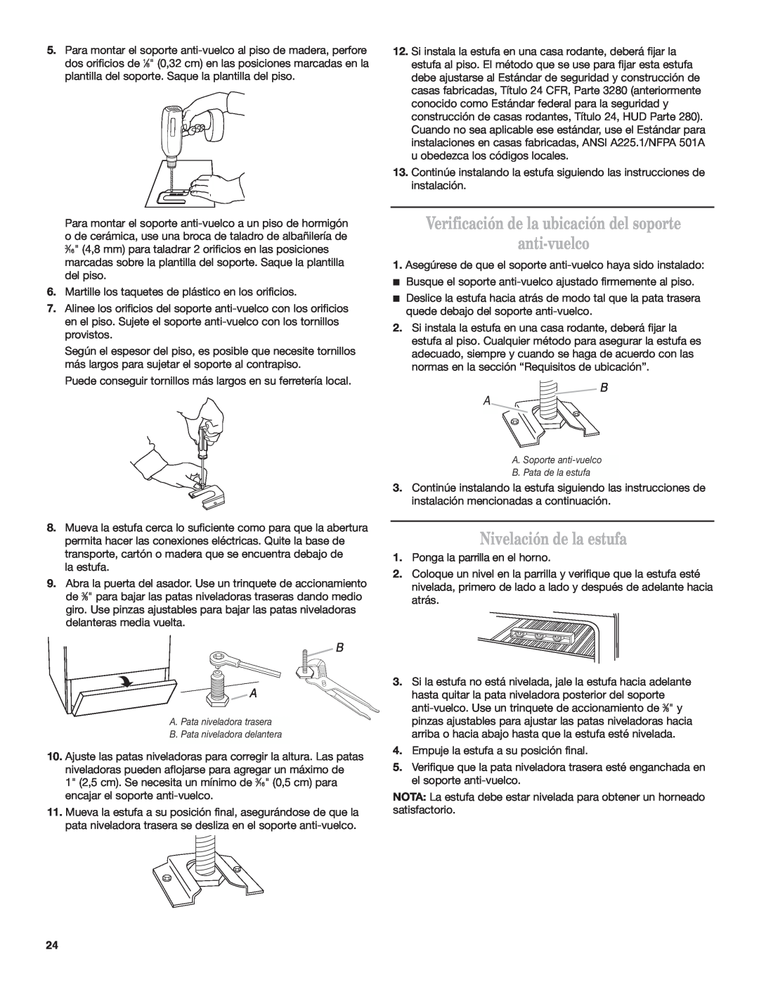 Estate W10173755D installation instructions Verificación de la ubicación del soporte anti-vuelco, Nivelación de la estufa 