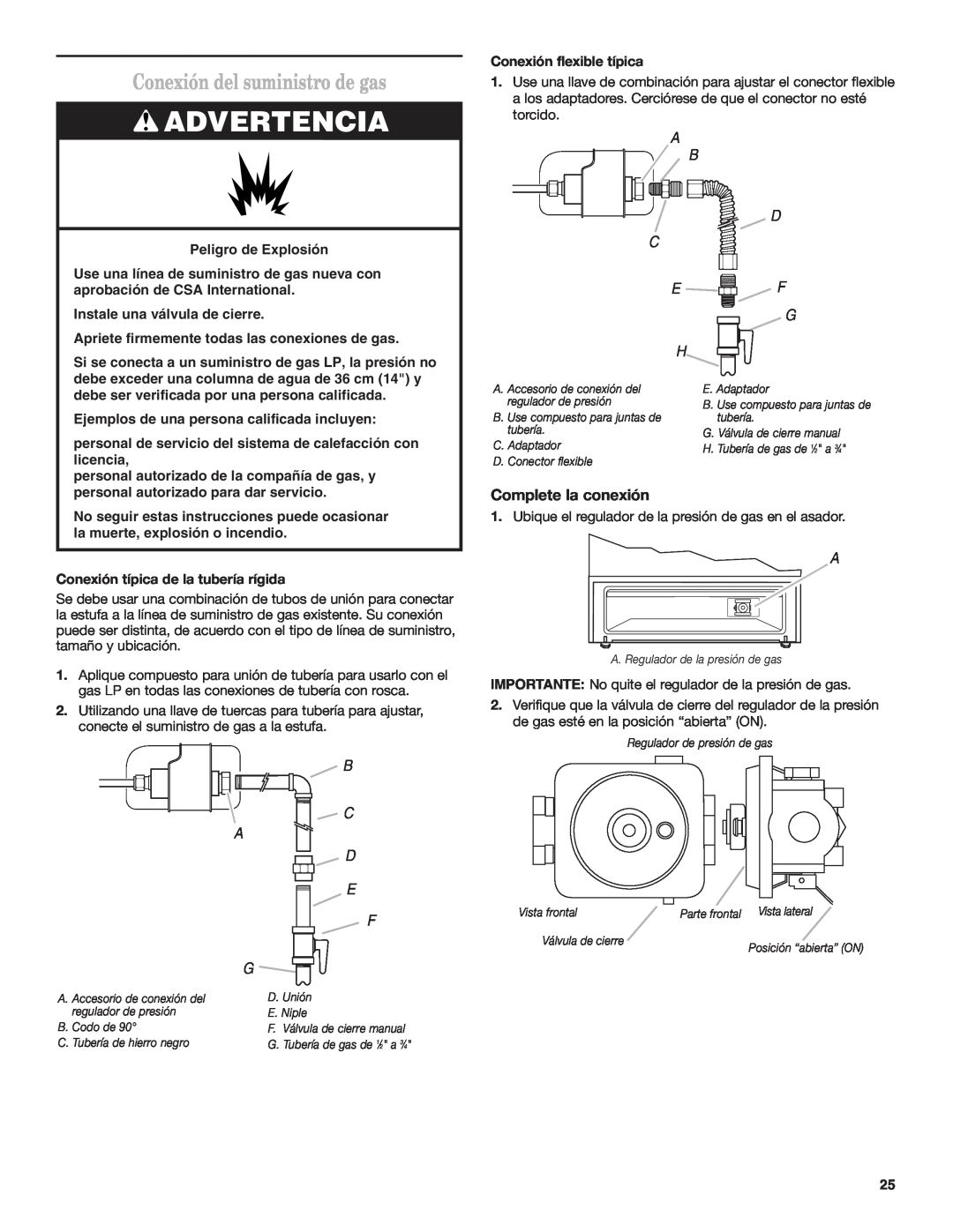 Estate W10173755D installation instructions Conexión del suministro de gas, Advertencia, Complete la conexión, B C A D E F 