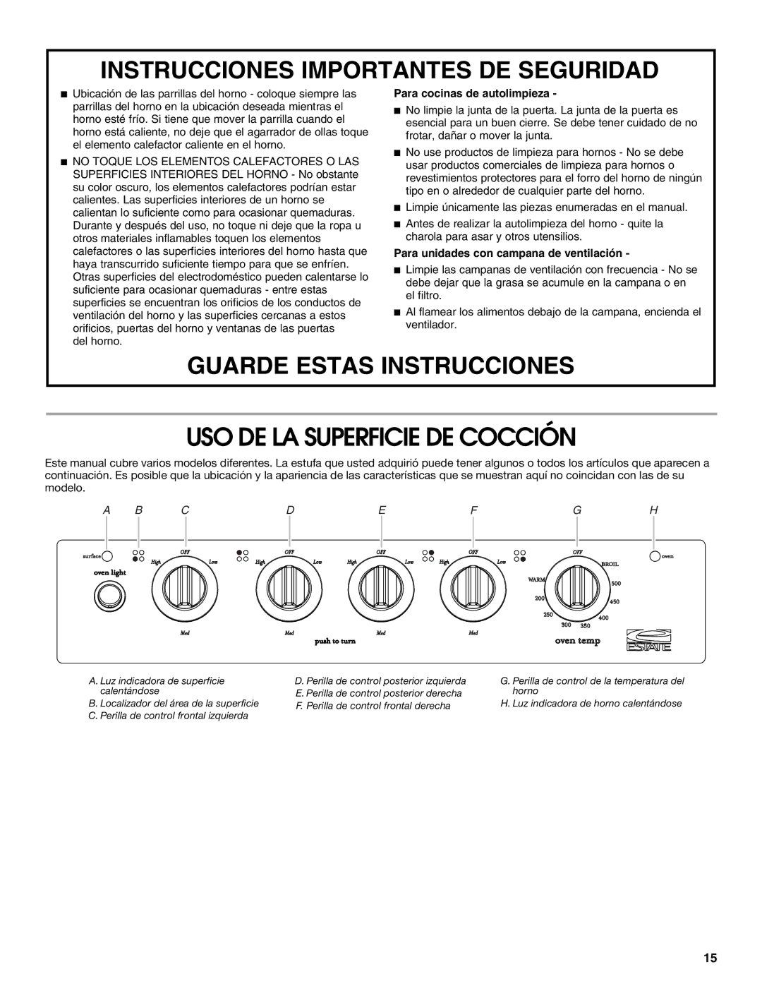 Estate W10175655A manual USO DE LA Superficie DE Cocción, Para cocinas de autolimpieza 