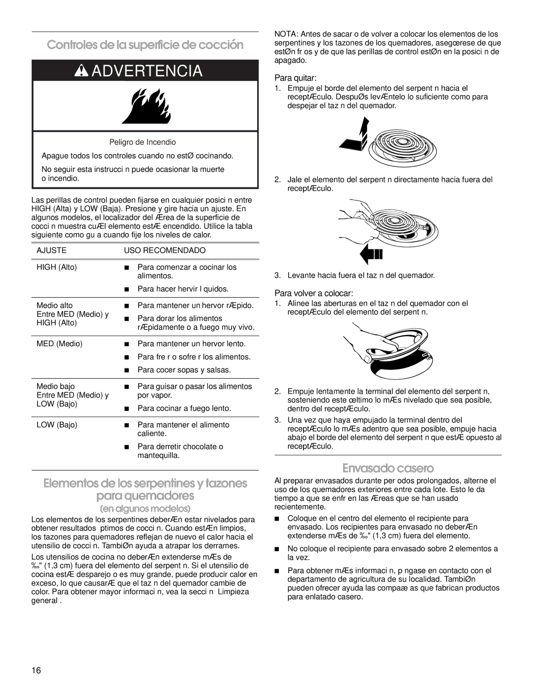 Estate W10175655A manual Controles de la superficie de cocción, Elementos de los serpentines y tazones Para quemadores 