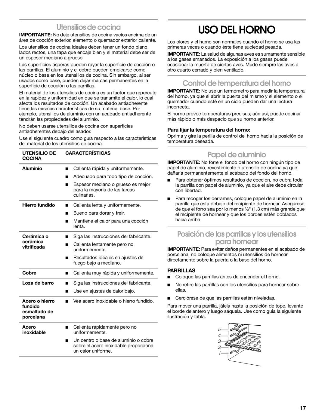 Estate W10175655A manual USO DEL Horno, Utensilios de cocina, Control de temperatura del horno, Papel de aluminio 