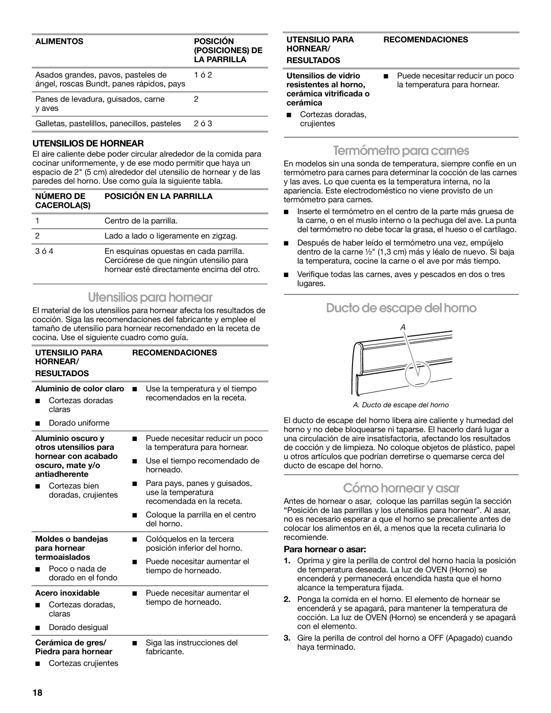 Estate W10175655A manual Utensilios para hornear, Termómetro para carnes, Ducto de escape del horno, Cómo hornear y asar 