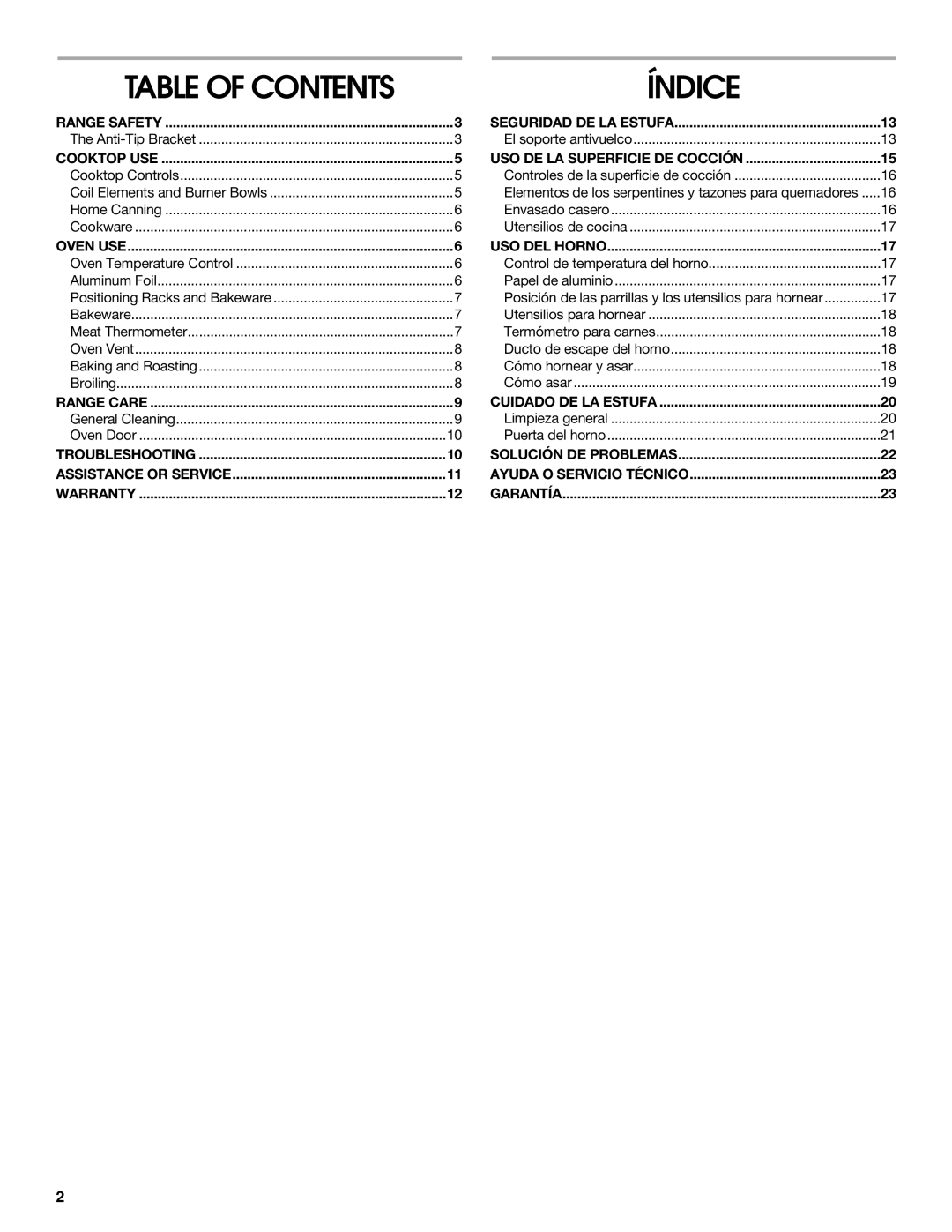 Estate W10175655A manual Table of Contents 