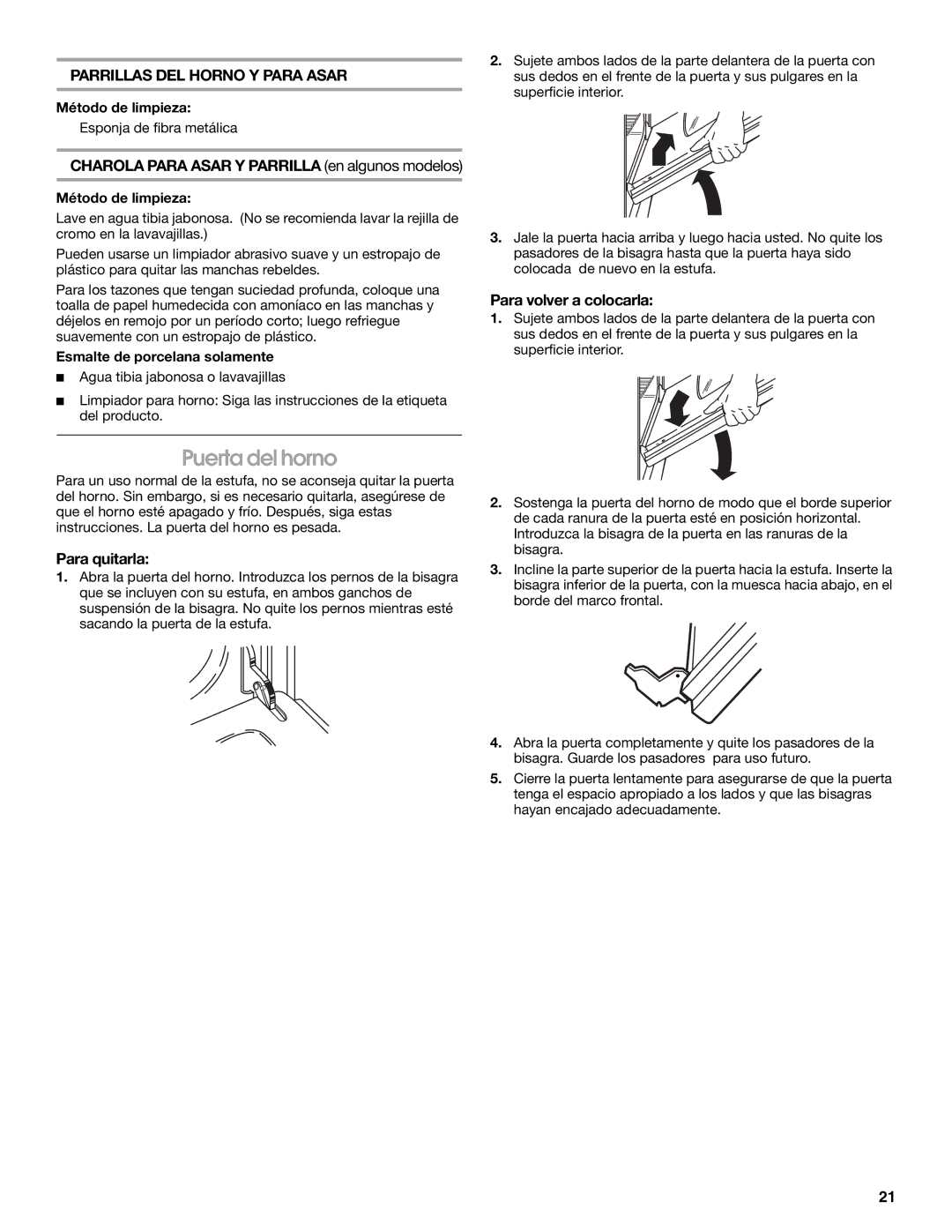 Estate W10175655A manual Puerta del horno, Parrillas DEL Horno Y Para Asar, Charola Para Asar Y Parrilla en algunos modelos 