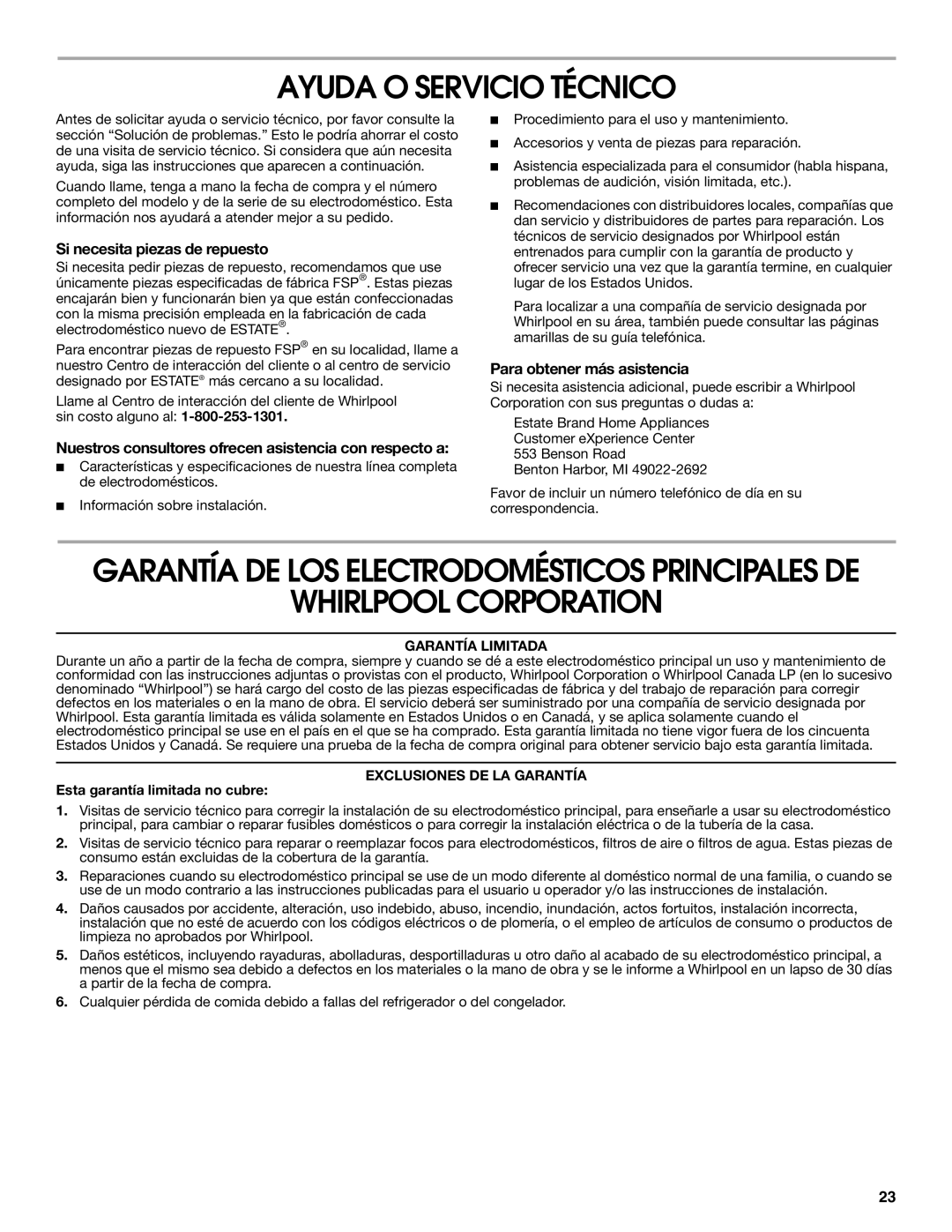 Estate W10175655A manual Ayuda O Servicio Técnico, Whirlpool Corporation, Si necesita piezas de repuesto 